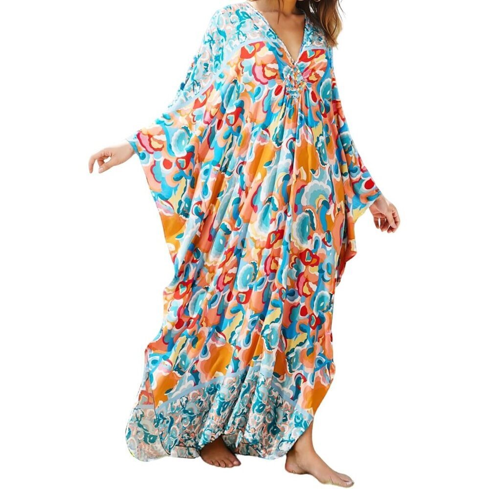 Women Blue Orange Floral V-neck Batwing Sleeve Flowy Split Bohemian Kaftan Dress